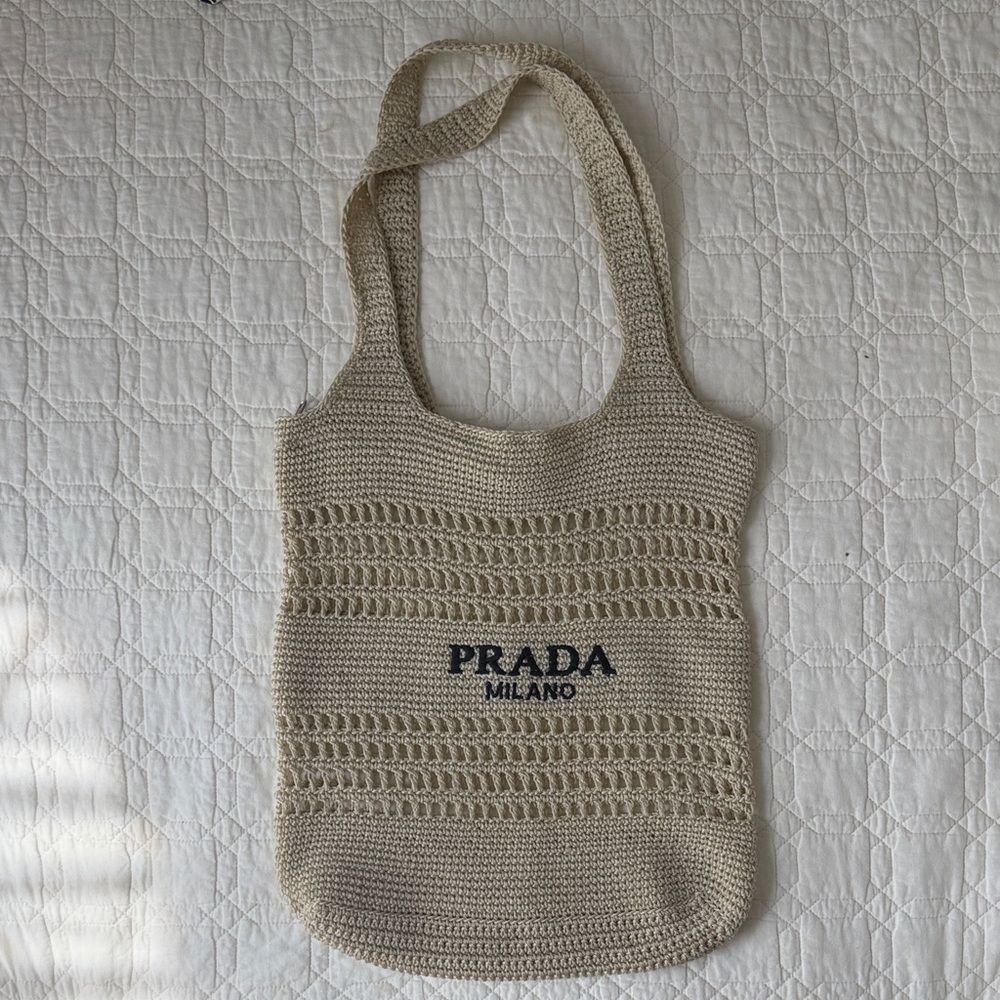 Prada Beige Crochet Tote with Black Logo